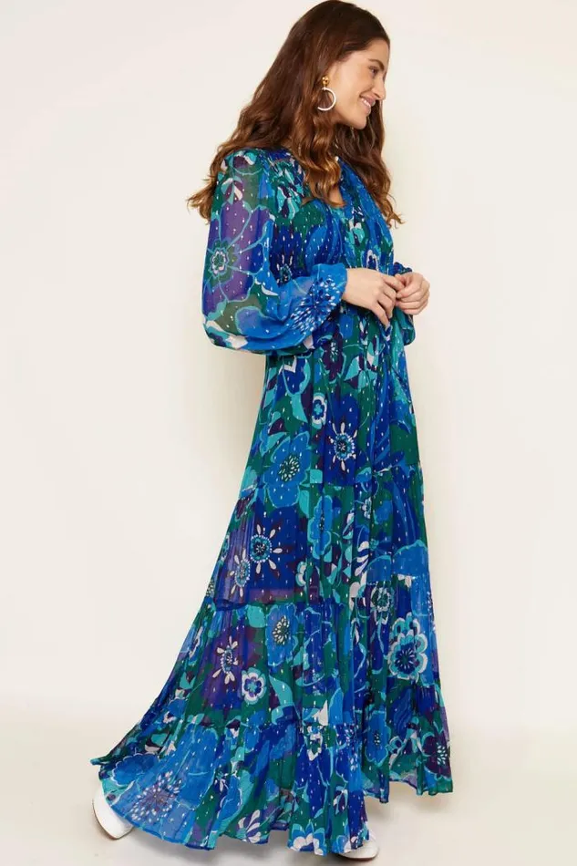 Rixo Dresses Women Lori Metallic Midi Dress Miami Floral Emerald