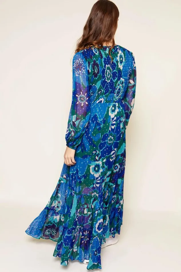 Rixo Dresses Women Lori Metallic Midi Dress Miami Floral Emerald