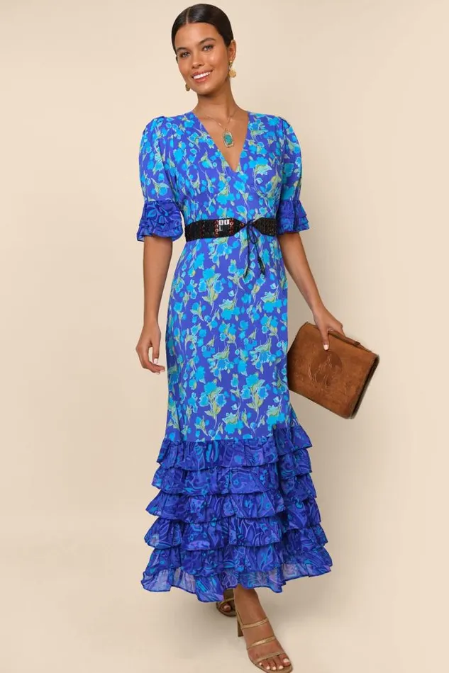 Rixo Dresses Women Mari Tiered Maxi Dress Fontainhas Floral Cobalt Mix