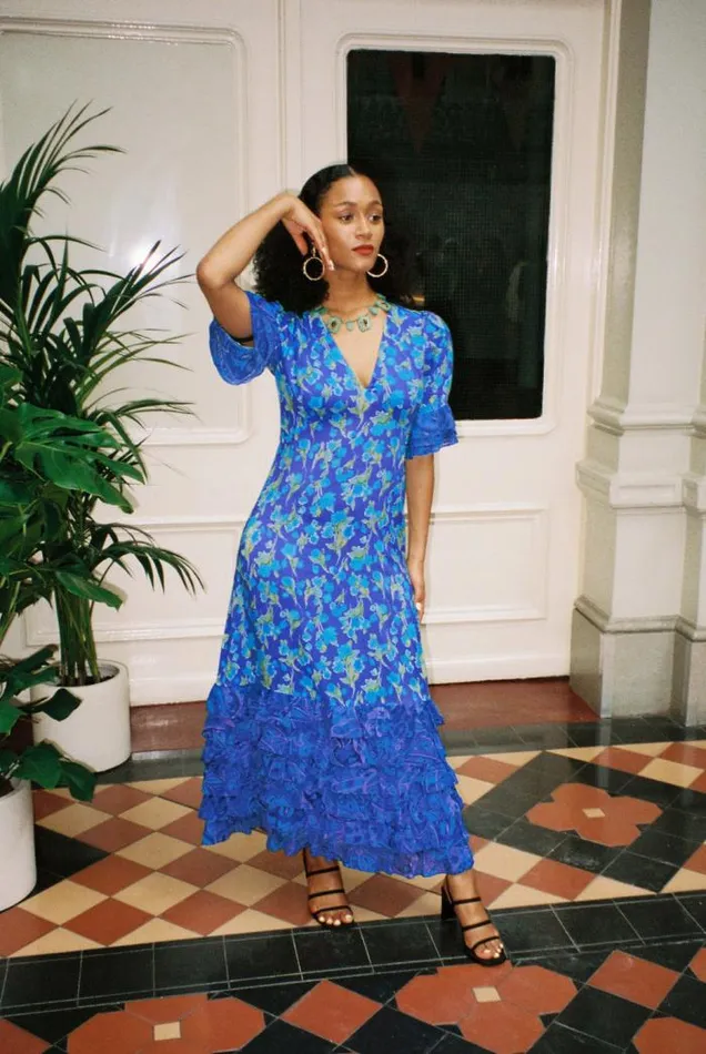 Rixo Dresses Women Mari Tiered Maxi Dress Fontainhas Floral Cobalt Mix