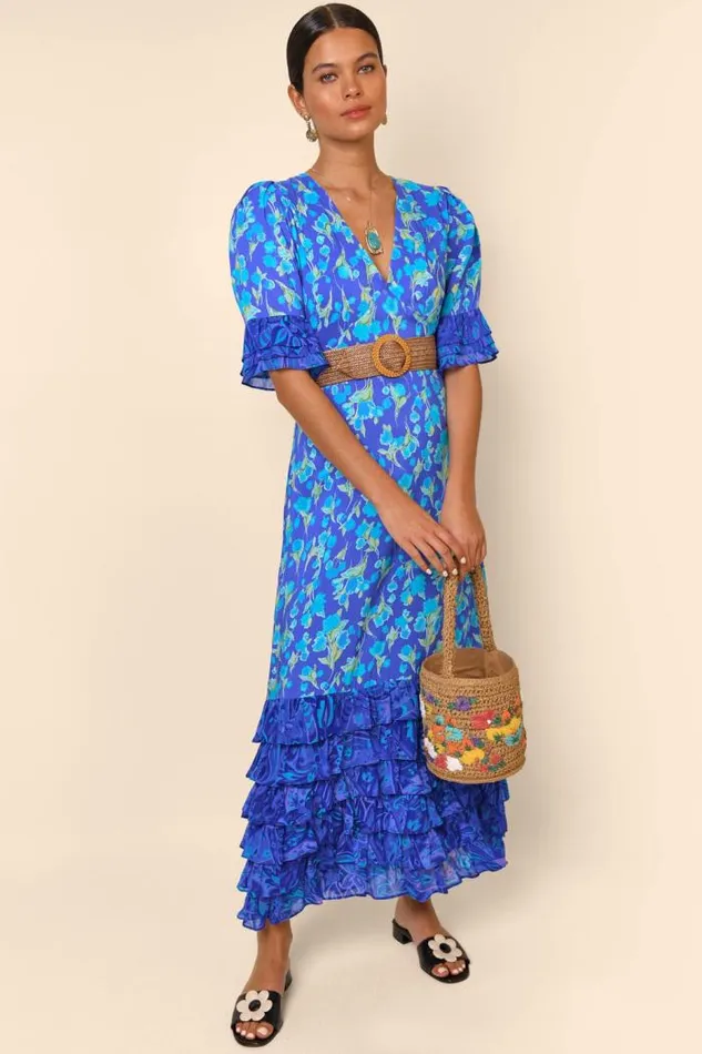 Rixo Dresses Women Mari Tiered Maxi Dress Fontainhas Floral Cobalt Mix