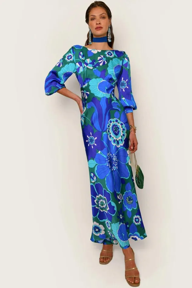 Rixo Dresses Women Marni Backless Satin Gown Miami Floral Emerald