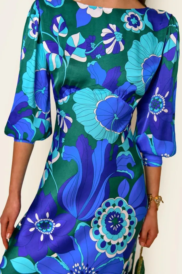 Rixo Dresses Women Marni Backless Satin Gown Miami Floral Emerald