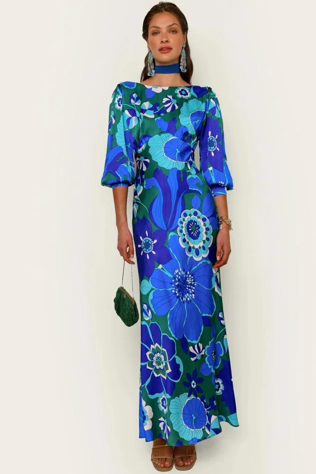 Rixo Dresses Women Marni Backless Satin Gown Miami Floral Emerald