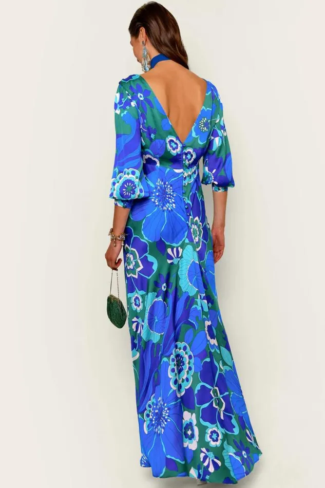 Rixo Dresses Women Marni Backless Satin Gown Miami Floral Emerald