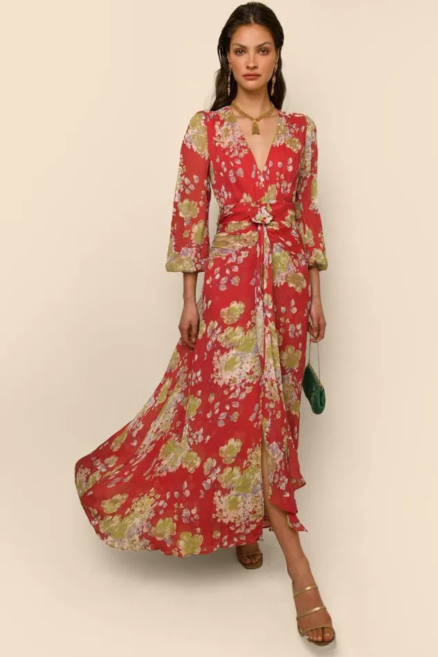 Rixo Dresses Women Meera Backless Midi Dress Waterblossom Red