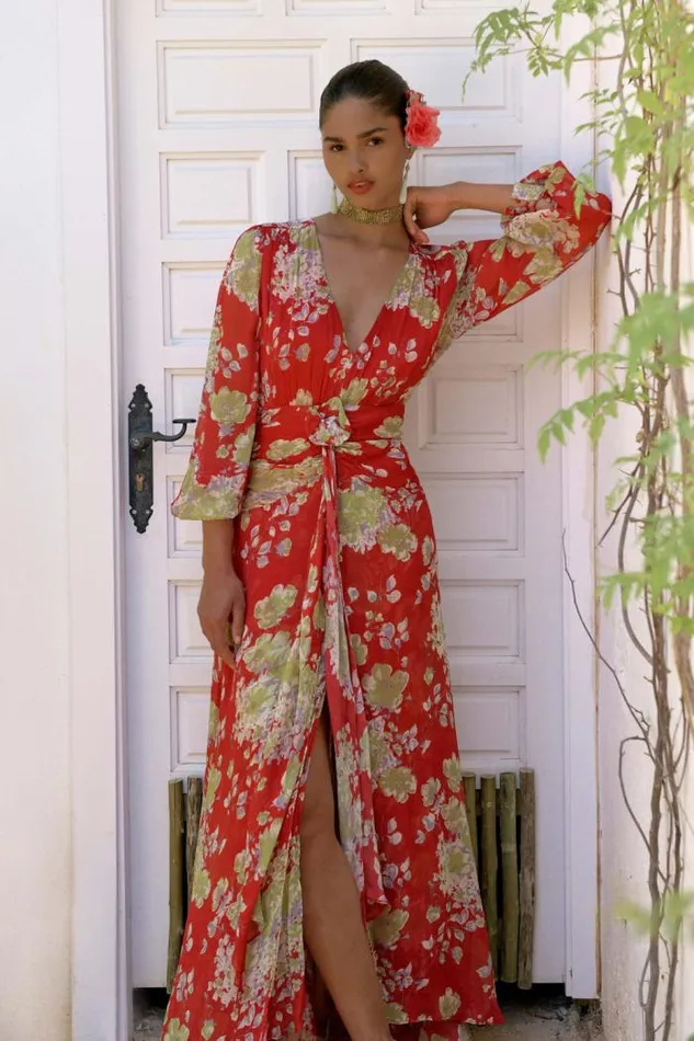 Rixo Dresses Women Meera Backless Midi Dress Waterblossom Red