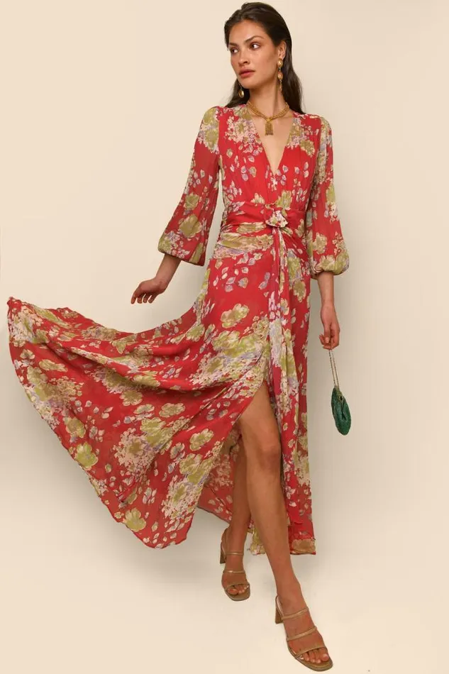 Rixo Dresses Women Meera Backless Midi Dress Waterblossom Red