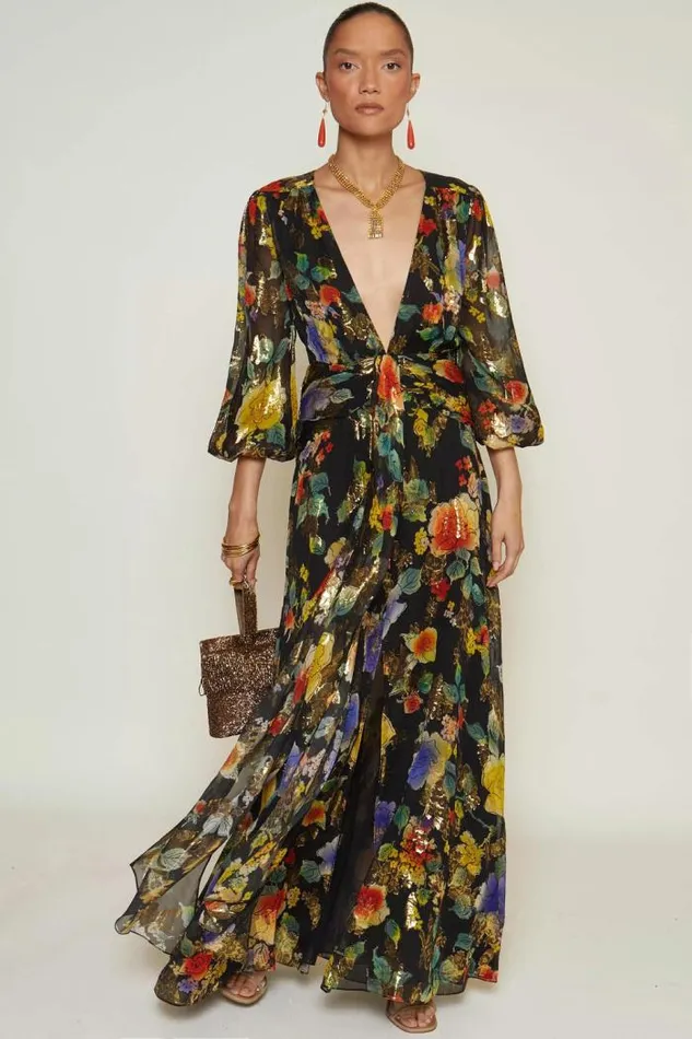 Rixo Dresses Women Meera SilkBlend Gown Ombr Bloom Black