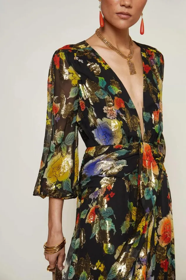 Rixo Dresses Women Meera SilkBlend Gown Ombr Bloom Black