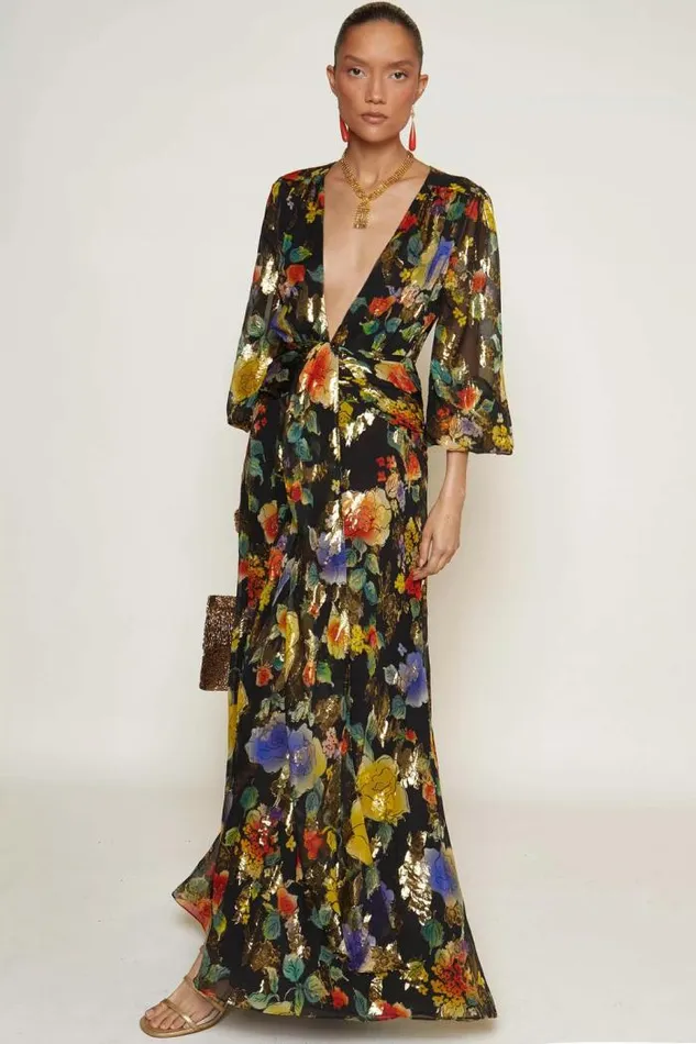 Rixo Dresses Women Meera SilkBlend Gown Ombr Bloom Black