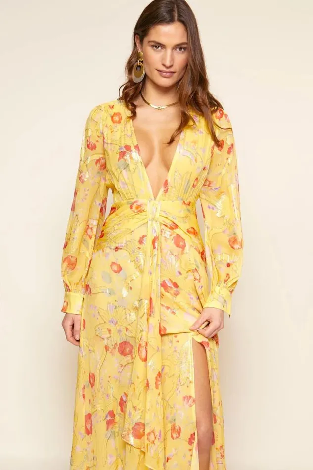 Rixo Dresses Women Meera SilkBlend Gown Waterblossom Yellow