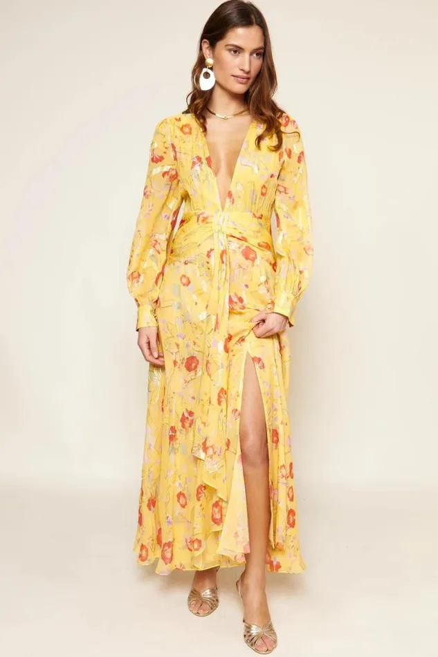 Rixo Dresses Women Meera SilkBlend Gown Waterblossom Yellow