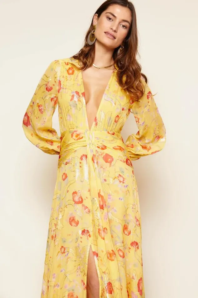 Rixo Dresses Women Meera SilkBlend Gown Waterblossom Yellow