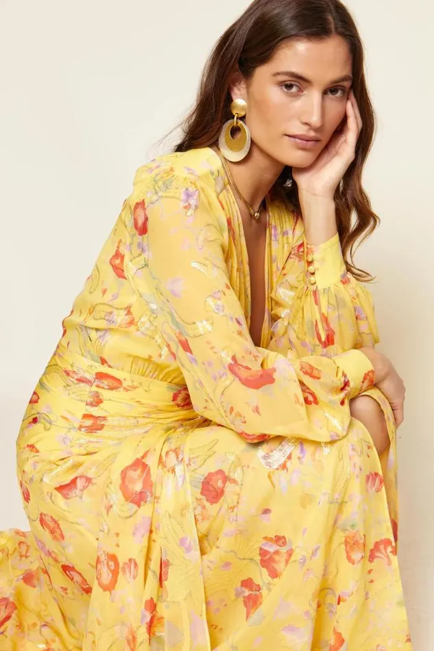 Rixo Dresses Women Meera SilkBlend Gown Waterblossom Yellow