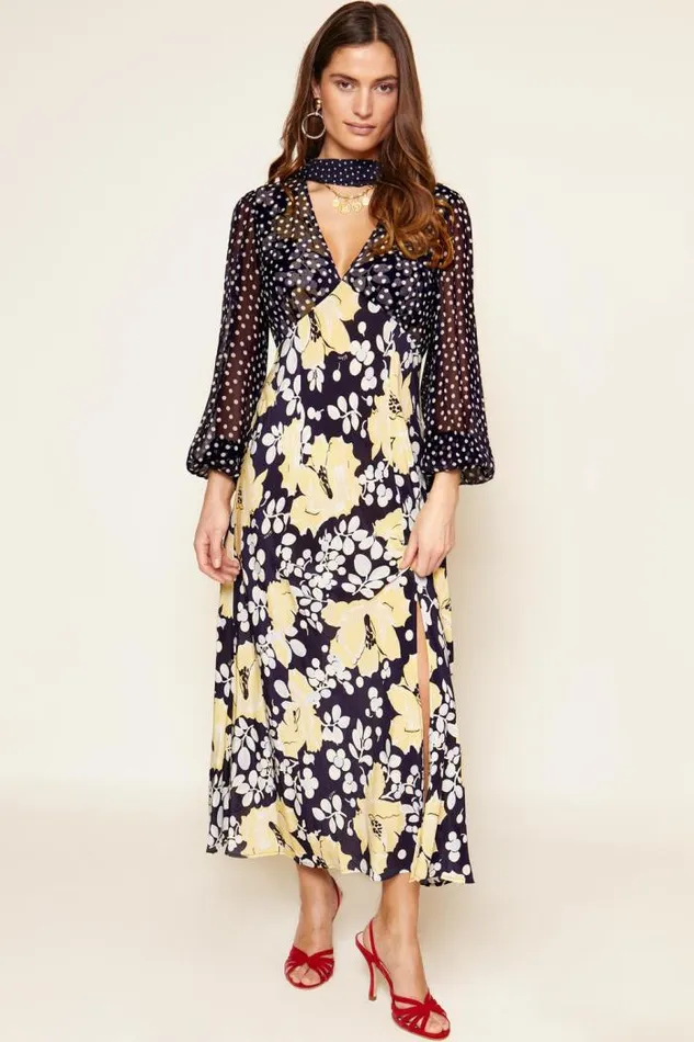 Rixo Dresses Women Melanie Silk Midi Dress Umbrella Floral Navy Mix