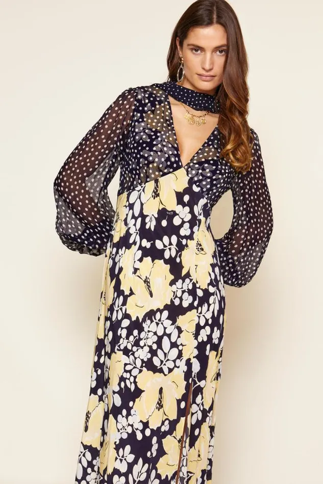 Rixo Dresses Women Melanie Silk Midi Dress Umbrella Floral Navy Mix