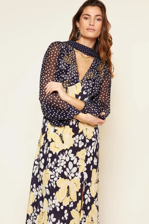 Rixo Dresses Women Melanie Silk Midi Dress Umbrella Floral Navy Mix