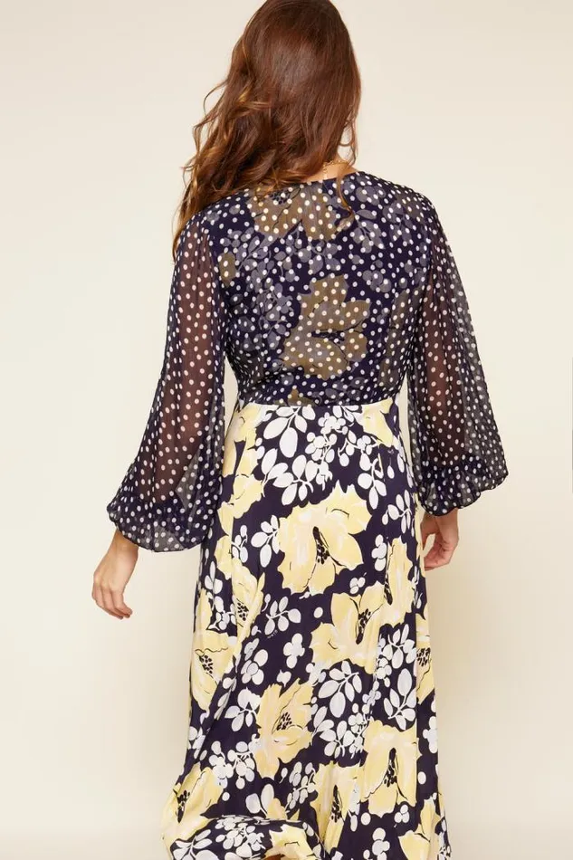 Rixo Dresses Women Melanie Silk Midi Dress Umbrella Floral Navy Mix