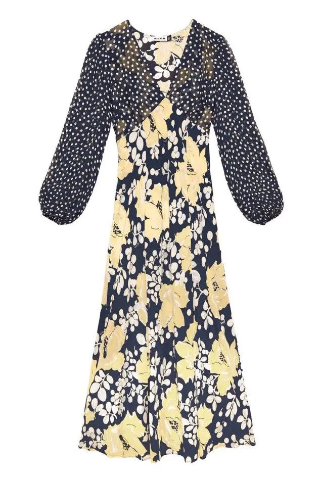 Rixo Dresses Women Melanie Silk Midi Dress Umbrella Floral Navy Mix