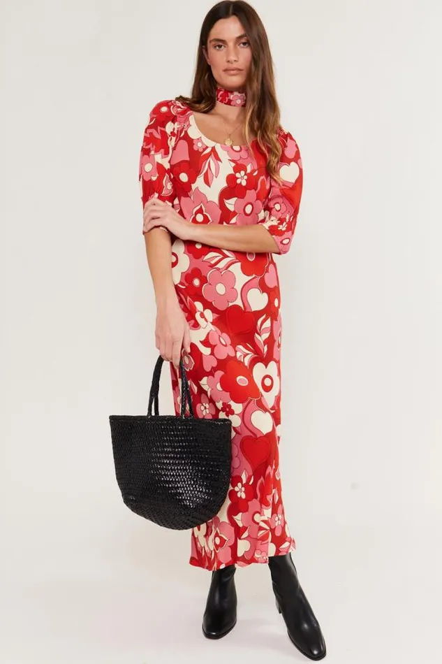 Rixo Dresses Women Oleander Midi Dress Sweetheart Floral Pink