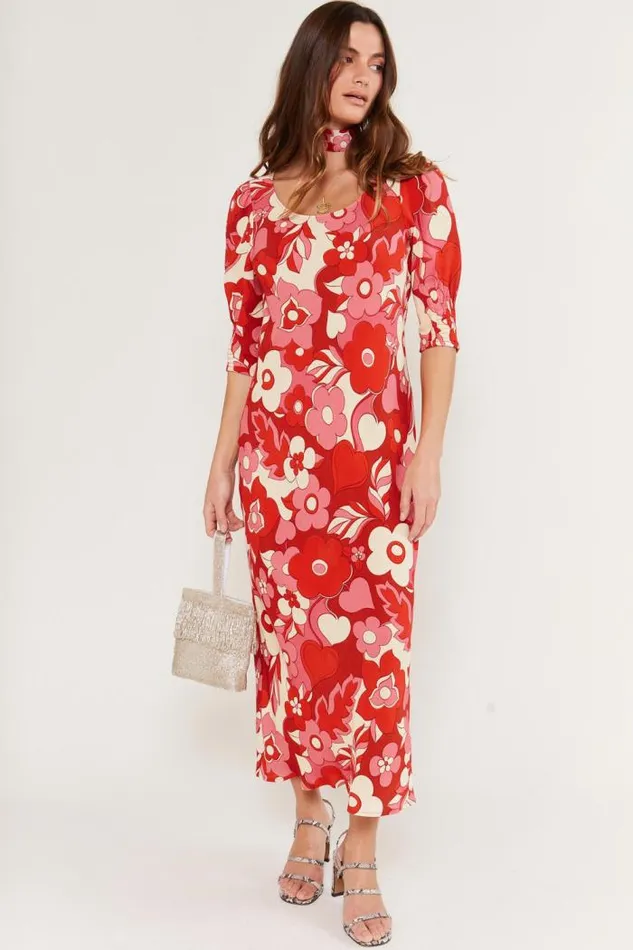 Rixo Dresses Women Oleander Midi Dress Sweetheart Floral Pink