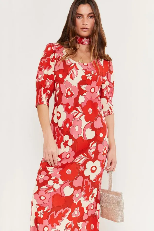Rixo Dresses Women Oleander Midi Dress Sweetheart Floral Pink