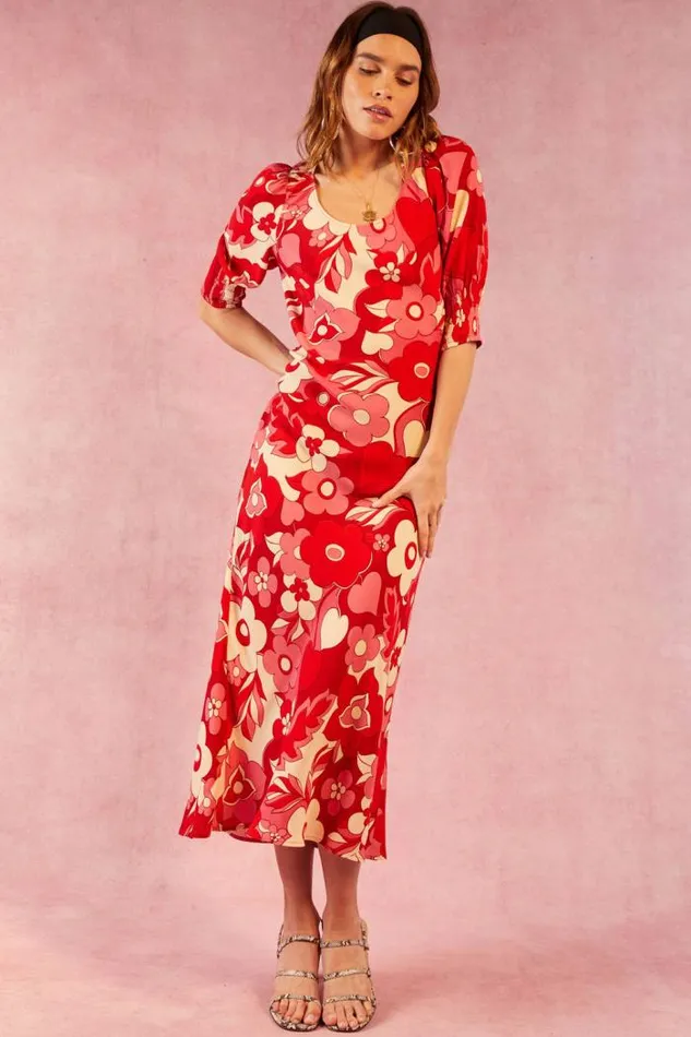 Rixo Dresses Women Oleander Midi Dress Sweetheart Floral Pink
