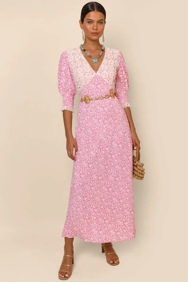 Rixo Dresses Women Olga LaceTrim Midi Dress Lily Trail Pink
