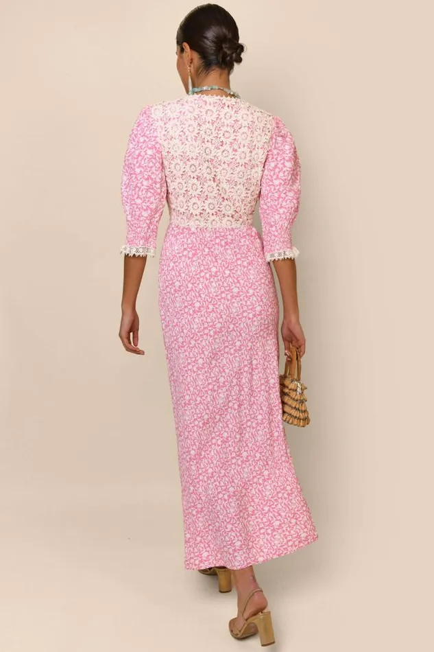 Rixo Dresses Women Olga LaceTrim Midi Dress Lily Trail Pink