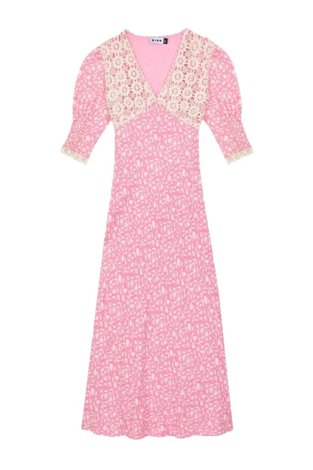 Rixo Dresses Women Olga LaceTrim Midi Dress Lily Trail Pink