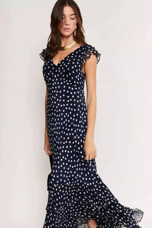 Rixo Dresses Women Ossy Silk Maxi Dress Scatter Spot Navy