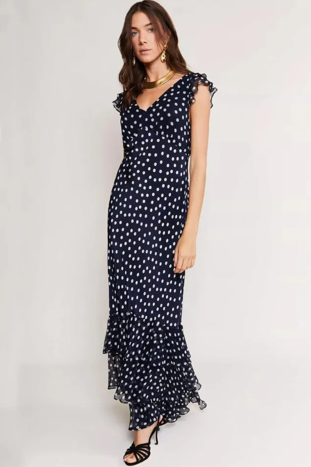 Rixo Dresses Women Ossy Silk Maxi Dress Scatter Spot Navy
