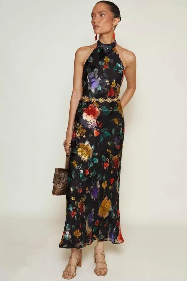 Rixo Dresses Women Pearl Silk Midi Dress Ombr Bloom Black
