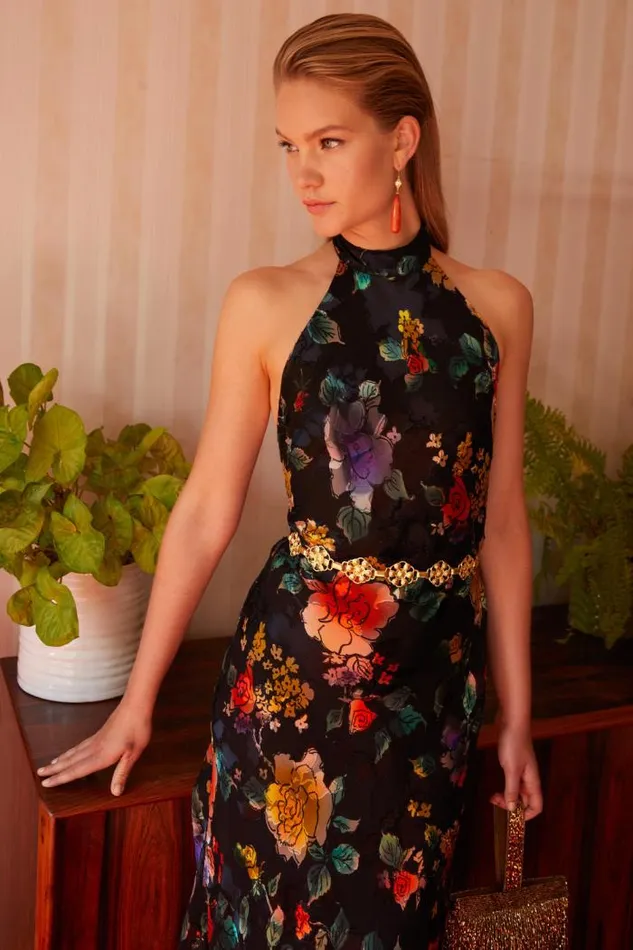 Rixo Dresses Women Pearl Silk Midi Dress Ombr Bloom Black