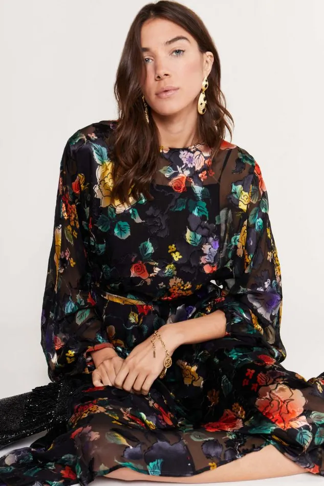 Rixo Dresses Women Pia Silk Midi Dress Ombr Bloom Black