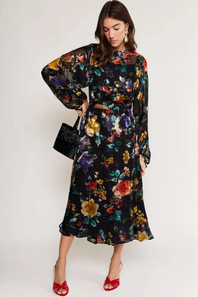 Rixo Dresses Women Pia Silk Midi Dress Ombr Bloom Black