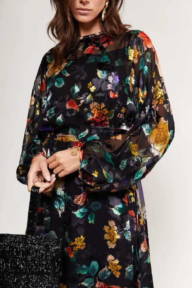 Rixo Dresses Women Pia Silk Midi Dress Ombr Bloom Black