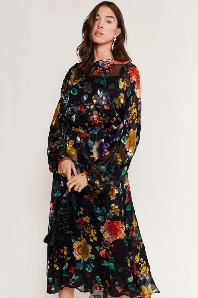 Rixo Dresses Women Pia Silk Midi Dress Ombr Bloom Black