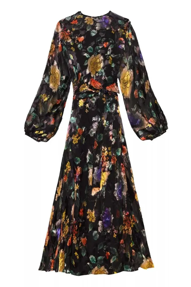 Rixo Dresses Women Pia Silk Midi Dress Ombr Bloom Black