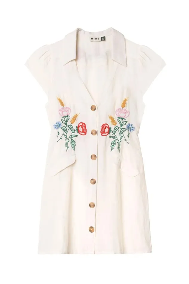 Rixo Dresses Women Raine Embroidered Dress Posy Embroidery Cream