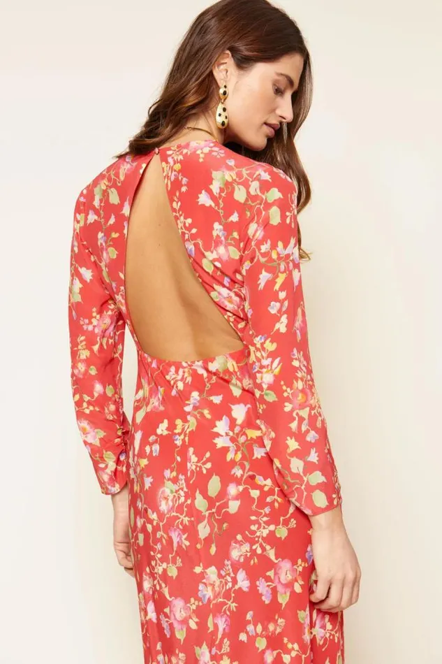 Rixo Dresses Women Rose Backless Midi Dress Waterblossom Red