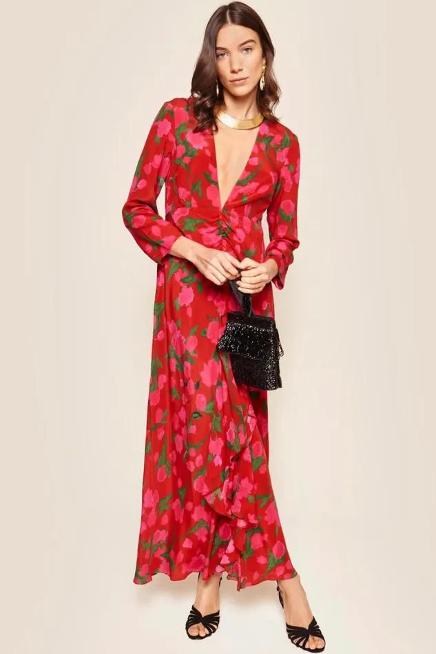 Rixo Dresses Women Rose Midi Dress Fontainhas Floral Red