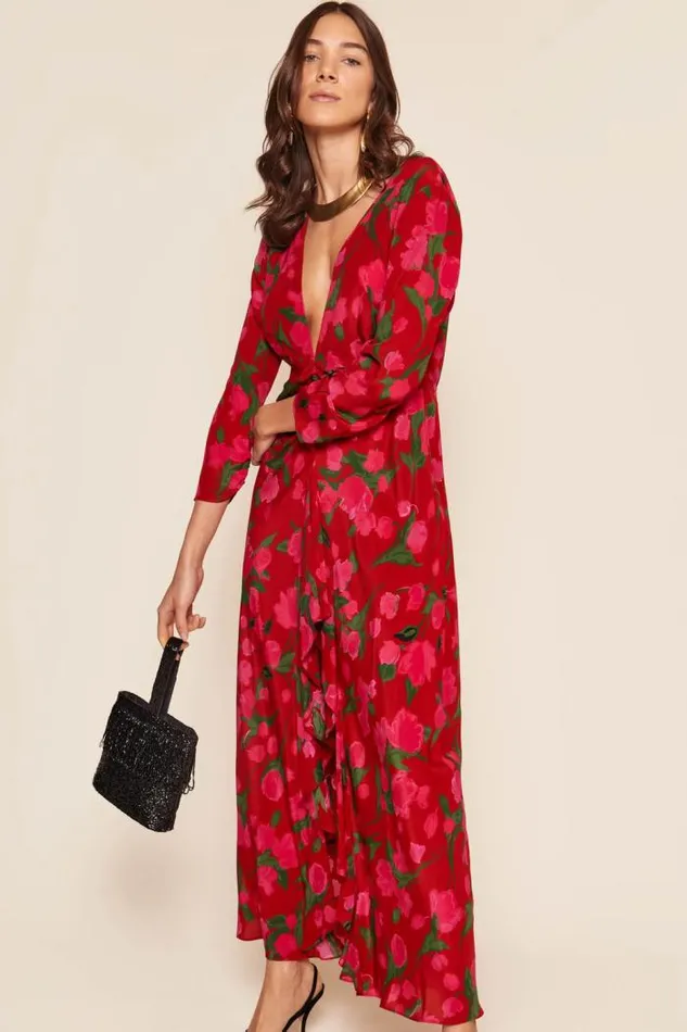 Rixo Dresses Women Rose Midi Dress Fontainhas Floral Red
