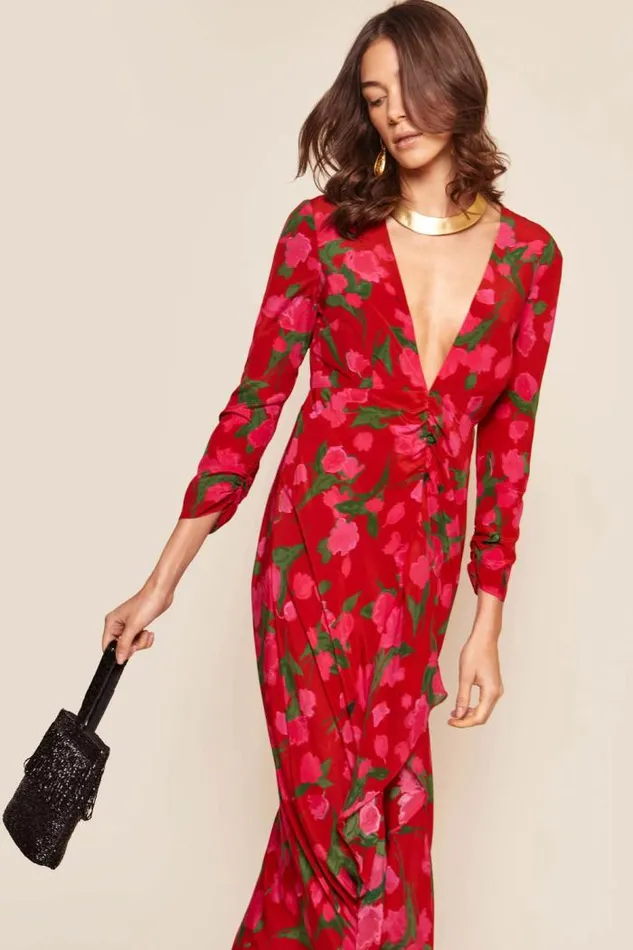 Rixo Dresses Women Rose Midi Dress Fontainhas Floral Red