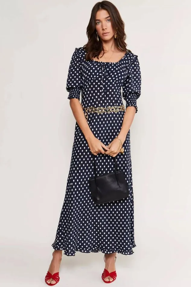 Rixo Dresses Women Sathya Midi Dress Bardot Spot Navy