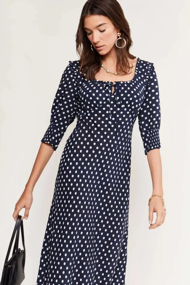 Rixo Dresses Women Sathya Midi Dress Bardot Spot Navy