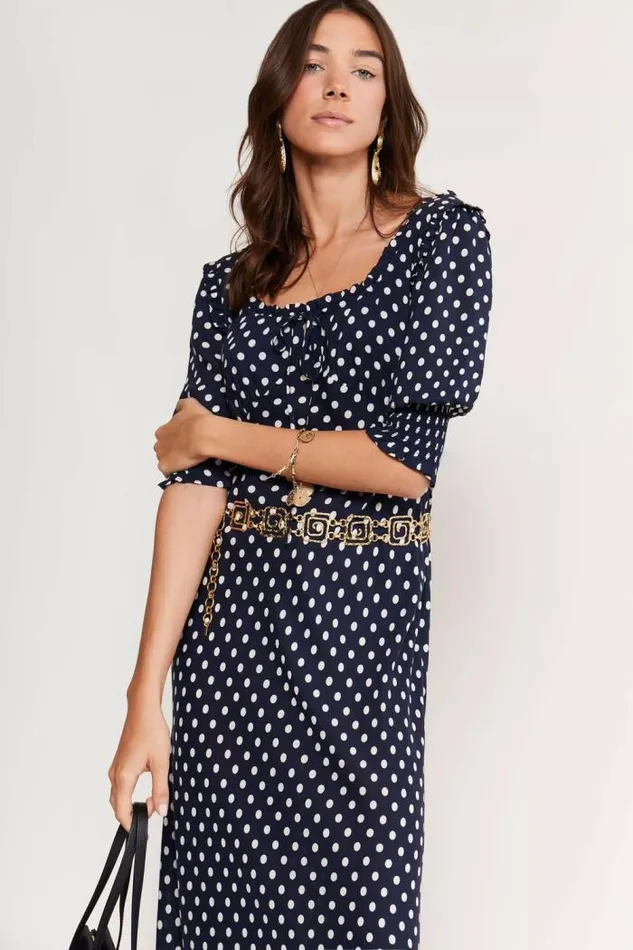 Rixo Dresses Women Sathya Midi Dress Bardot Spot Navy