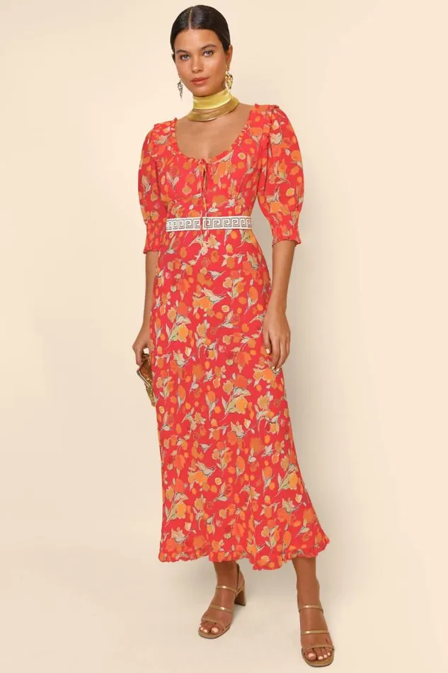 Rixo Dresses Women Sathya Midi Dress Fontainhas Floral Coral