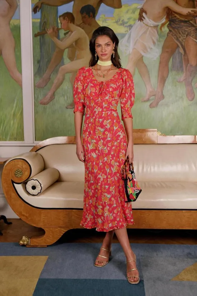 Rixo Dresses Women Sathya Midi Dress Fontainhas Floral Coral